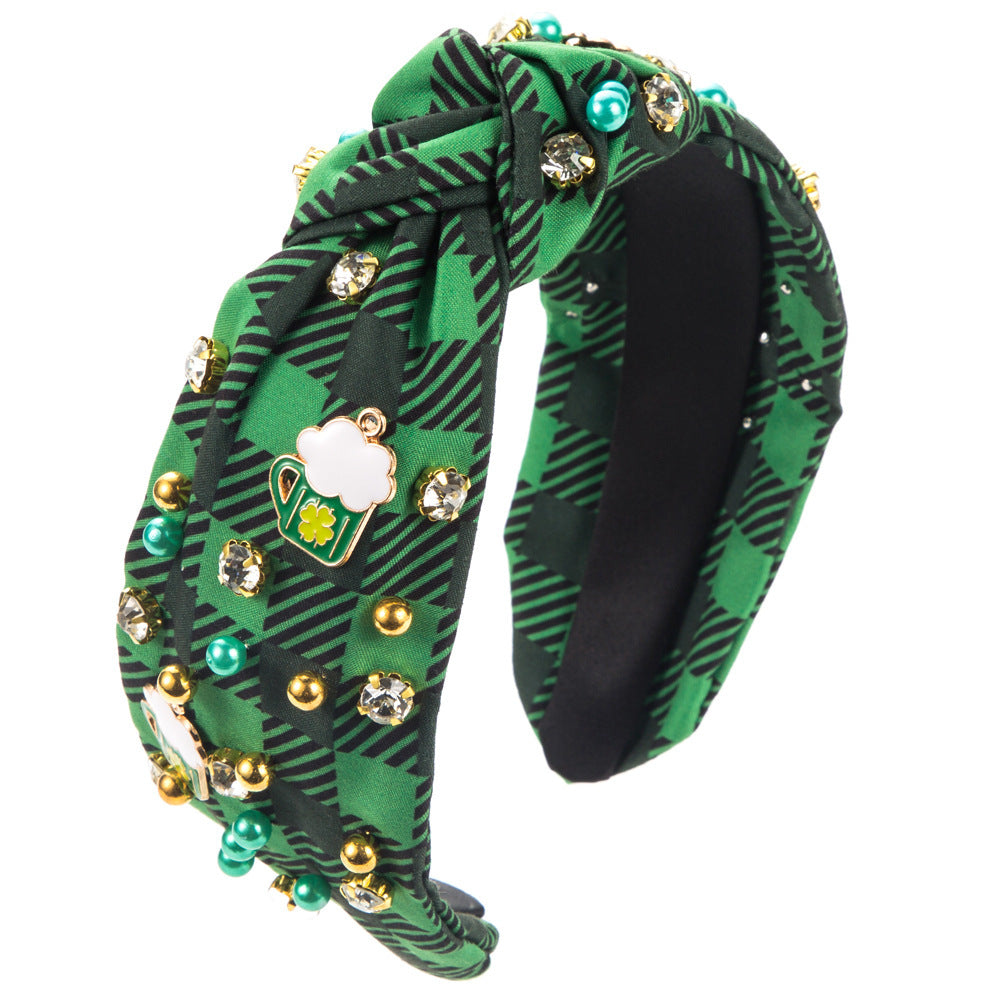 Green plaid knotted headband with shamrock and beer stein charms