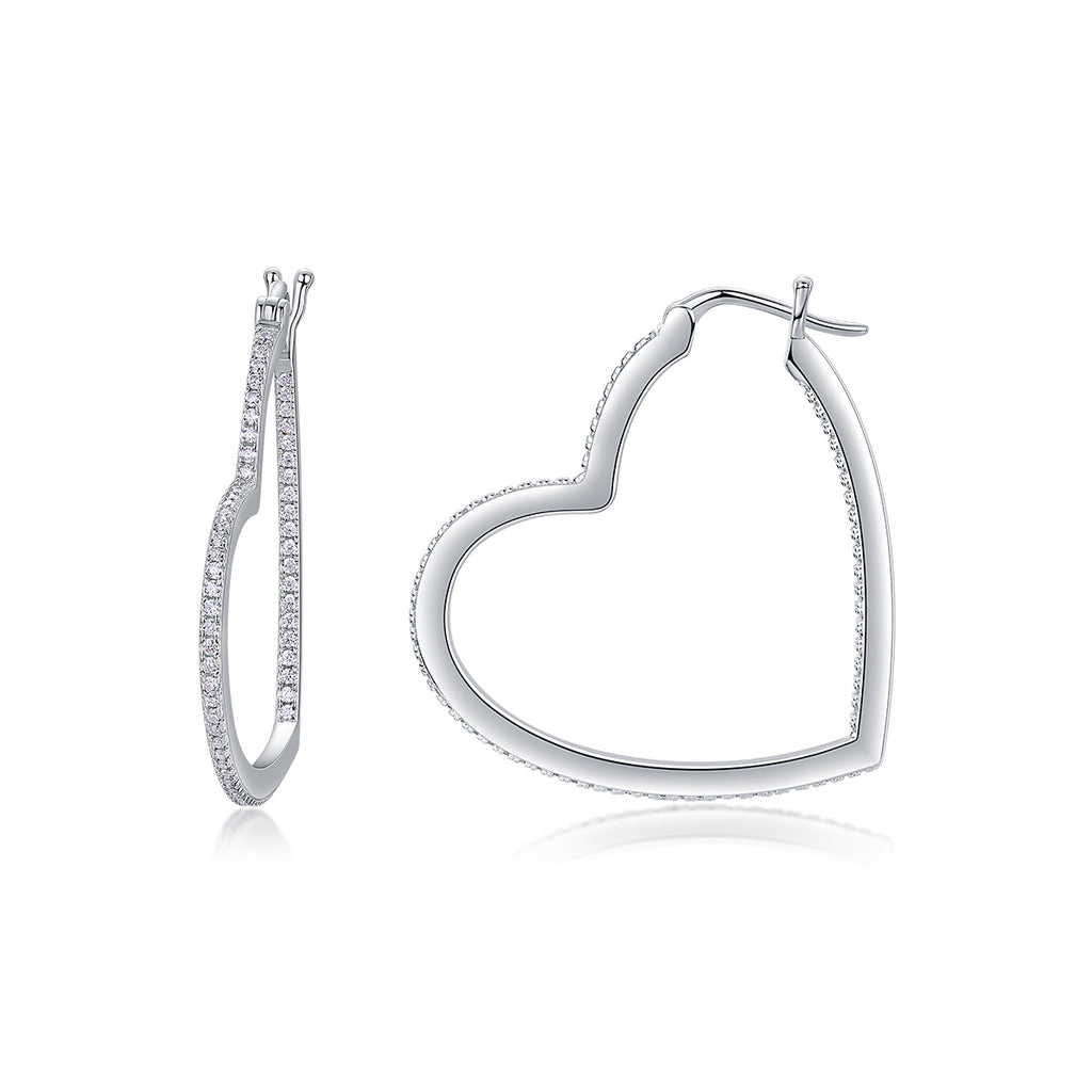 Sterling silver open heart hoop earrings with pave moissanite