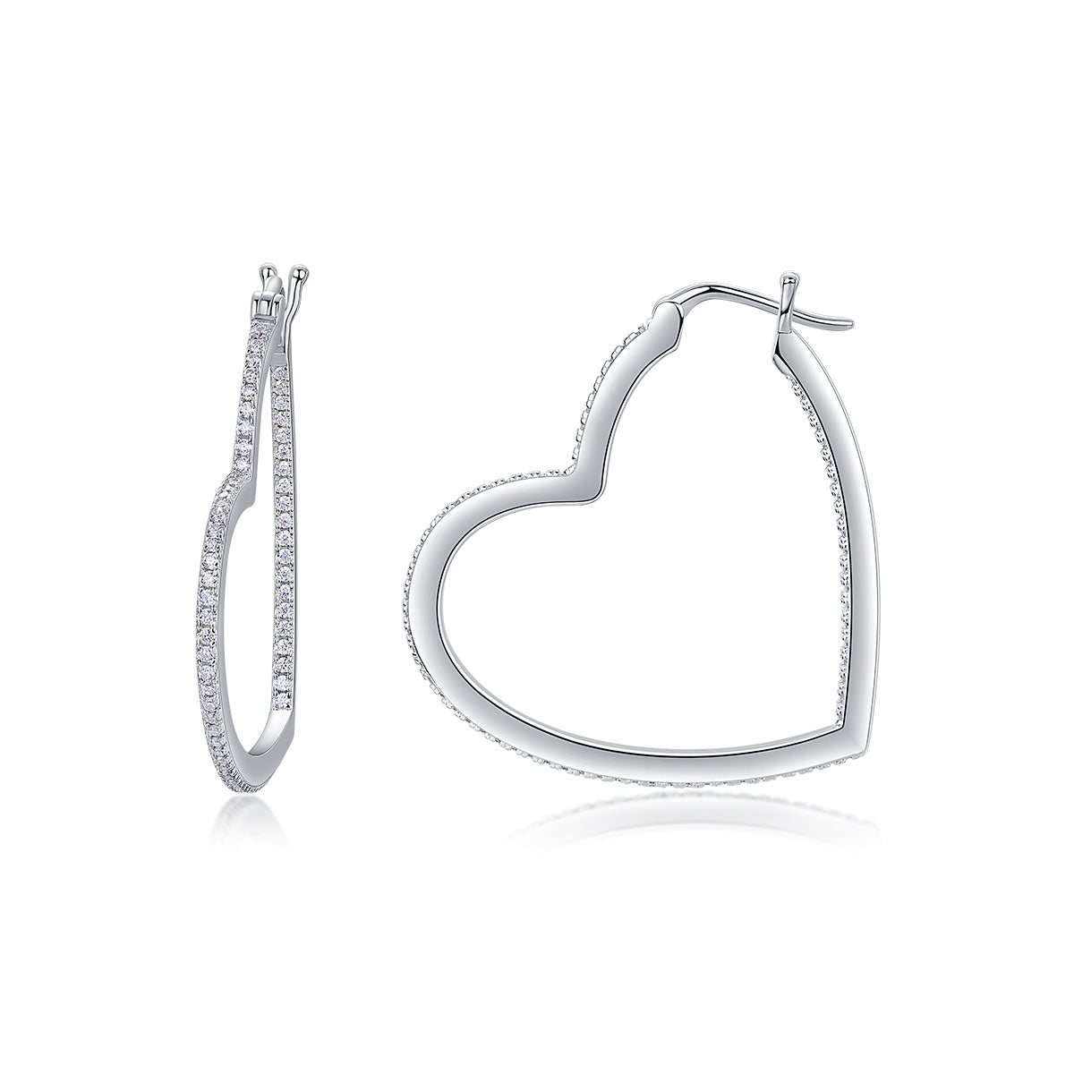 Sterling silver open heart hoop earrings with pave moissanite