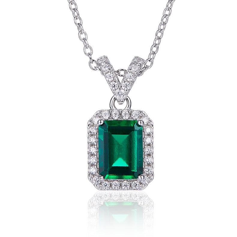 Sterling Silver Lab-Grown Emerald Pendant Necklace, Emerald Cut with Halo, Platinum-Plated, 45cm Chain