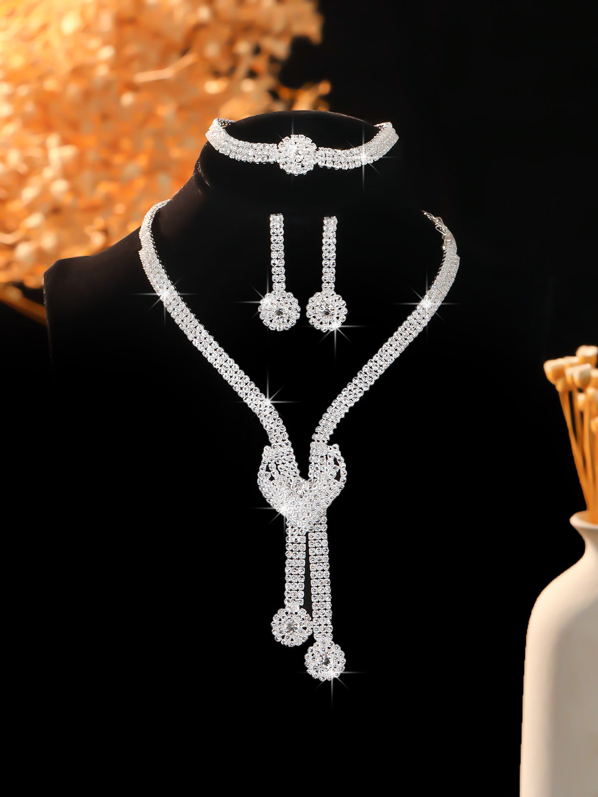 Crystal-Set Bridal Necklace and Earrings Set in Three Styles — full product view