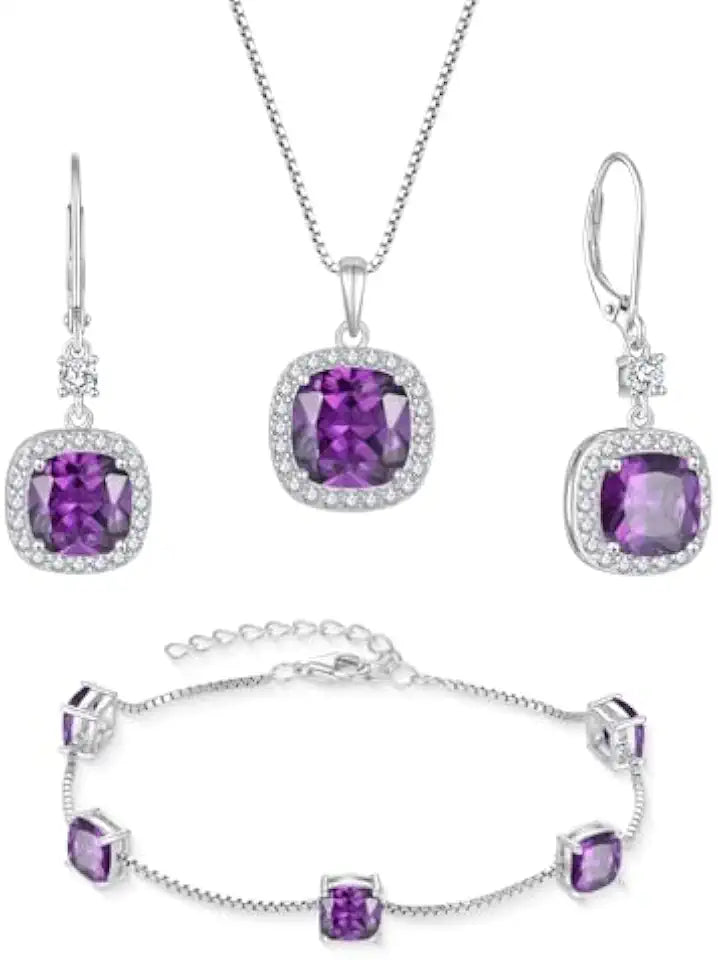 Sterling Silver Amethyst Drop Jewelry Set with Birthstone