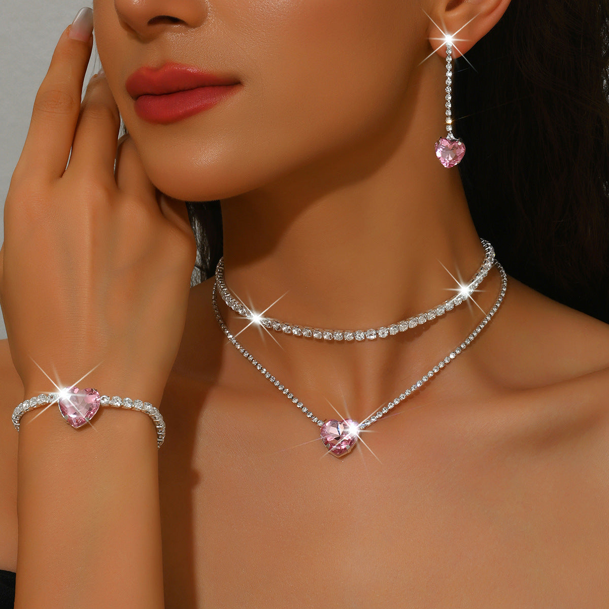 Heart Rhinestone 3-Piece Jewelry Set for Women – Double-Layer Claw Chain