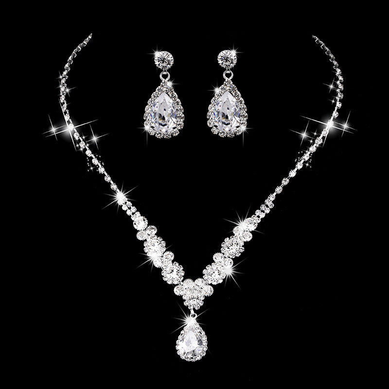 Rhinestone and Zircon Teardrop Necklace and Earrings Bridal Set in Four Styles — front view