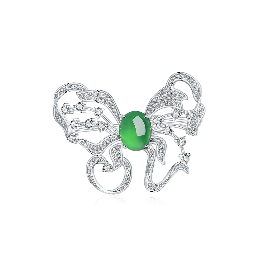 Sterling silver butterfly brooch with green chrysoprase cabochon