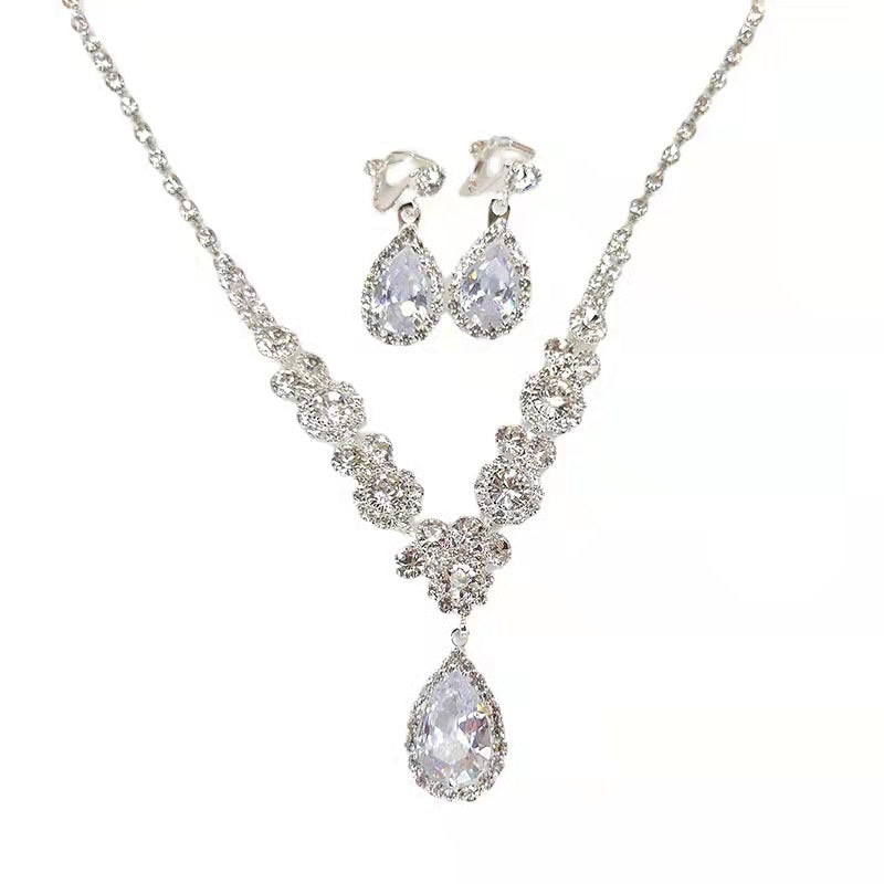 Rhinestone and Zircon Teardrop Necklace and Earrings Bridal Set in Four Styles — shown in use