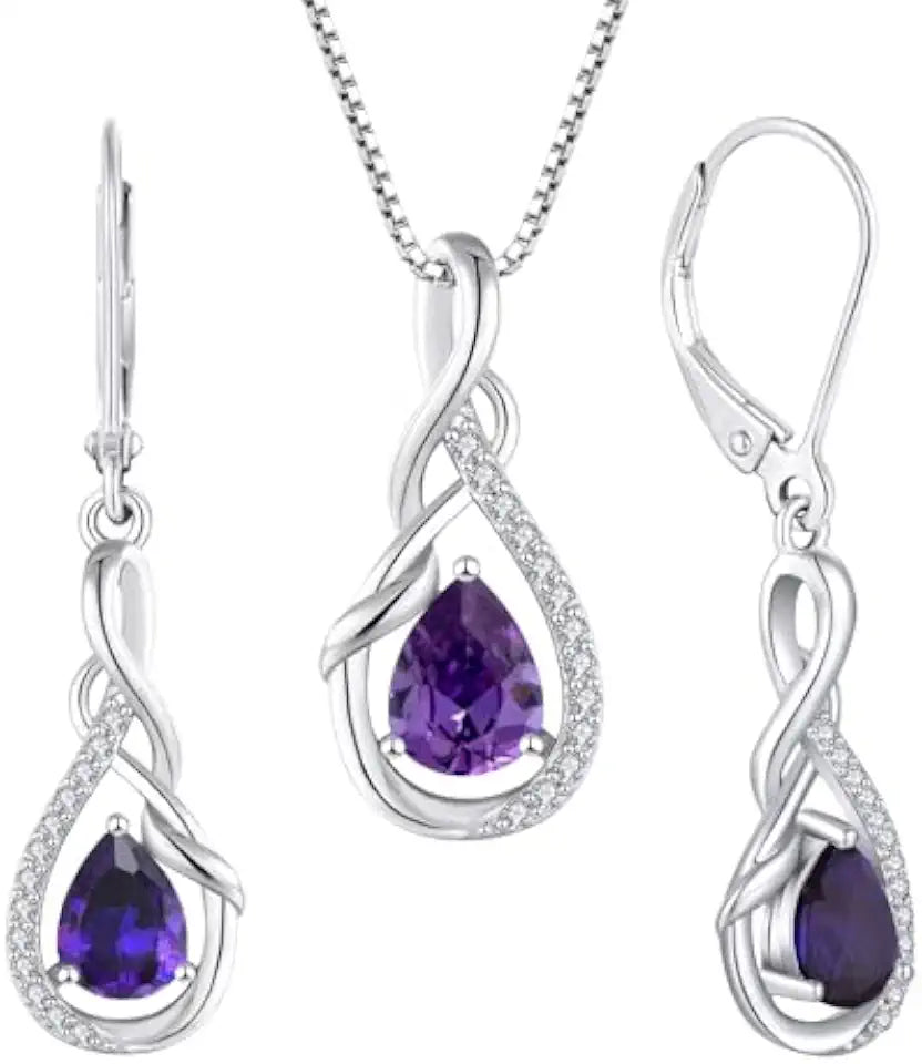 Sterling Silver Teardrop Amethyst Drop Infinity Jewelry Set with Birthstone
