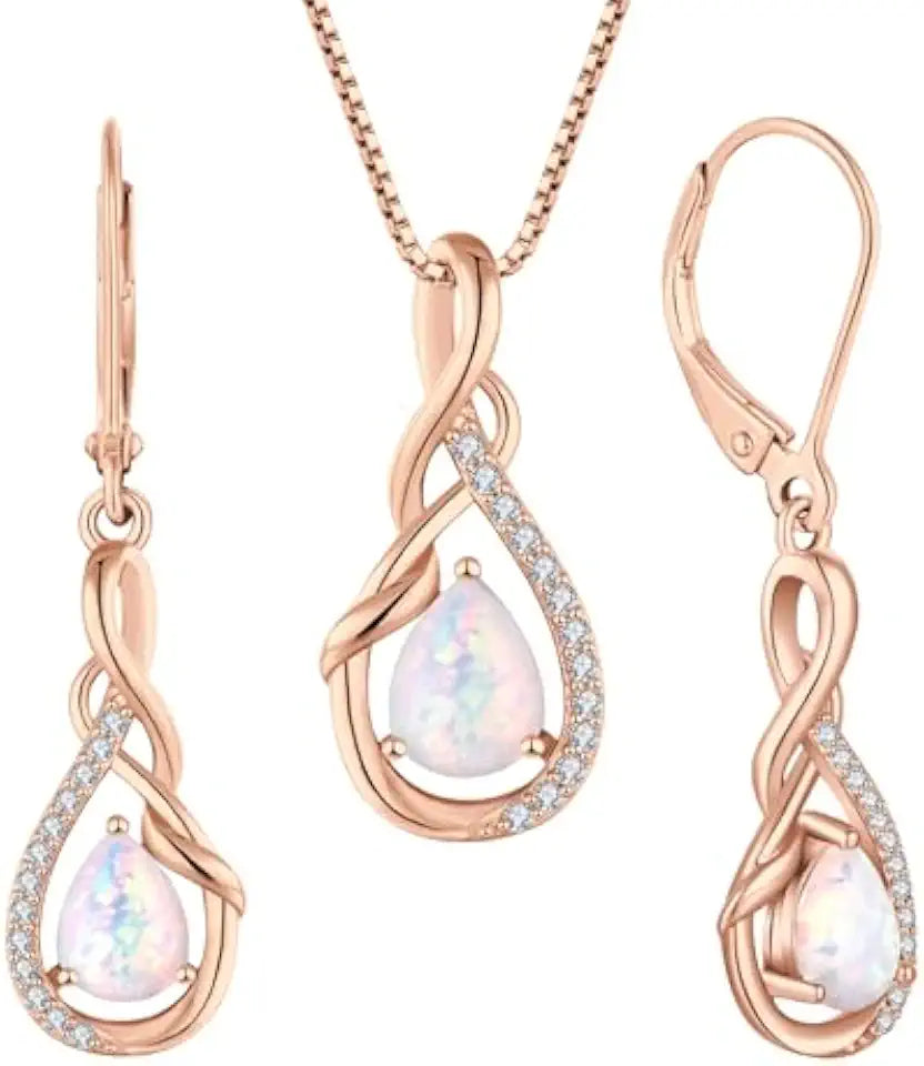 Rose Gold-Plated Sterling Silver Teardrop Opal Infinity Jewelry Set