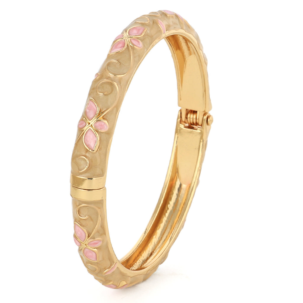 Enamel Five-Leaf Clover Open Bracelet in Pink, Purple — detail close-up