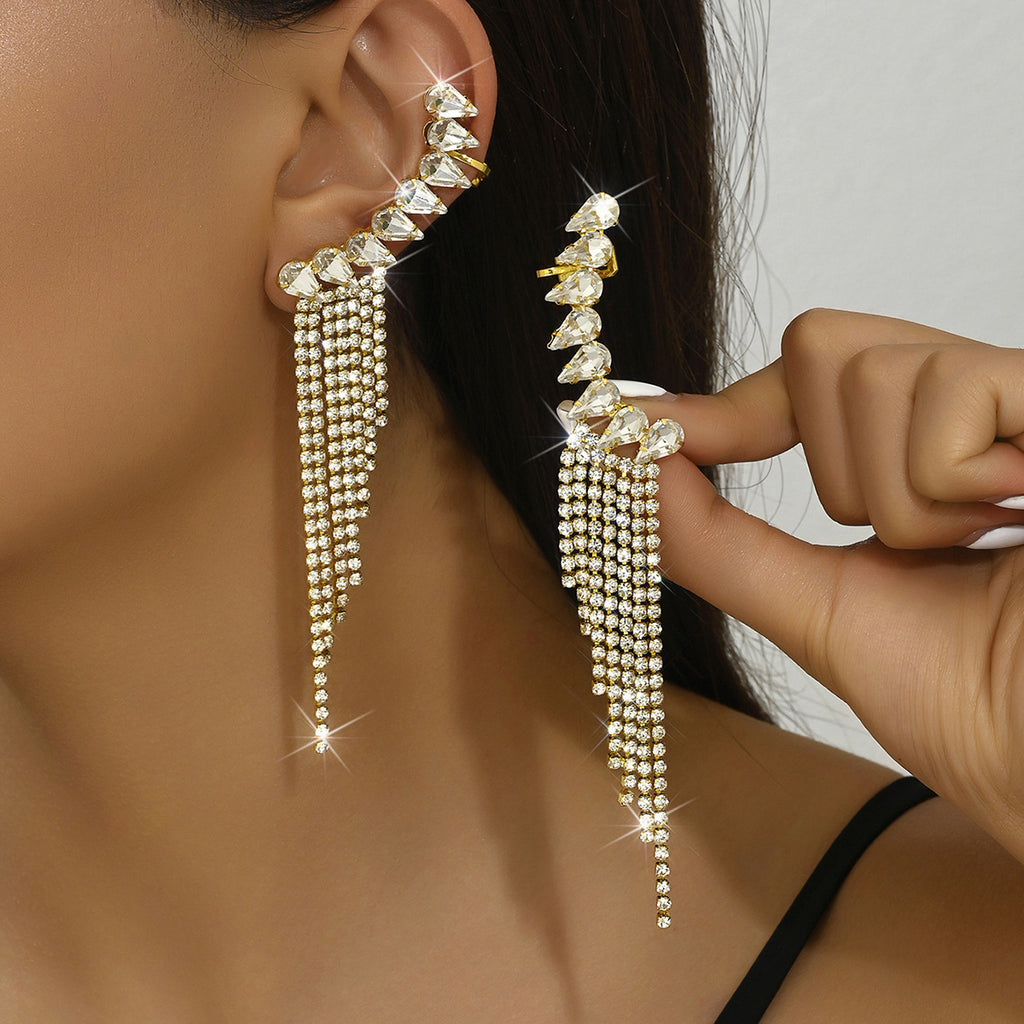 Rhinestone Tassel Drop Earrings for Women, Long Fringe Design — full product view