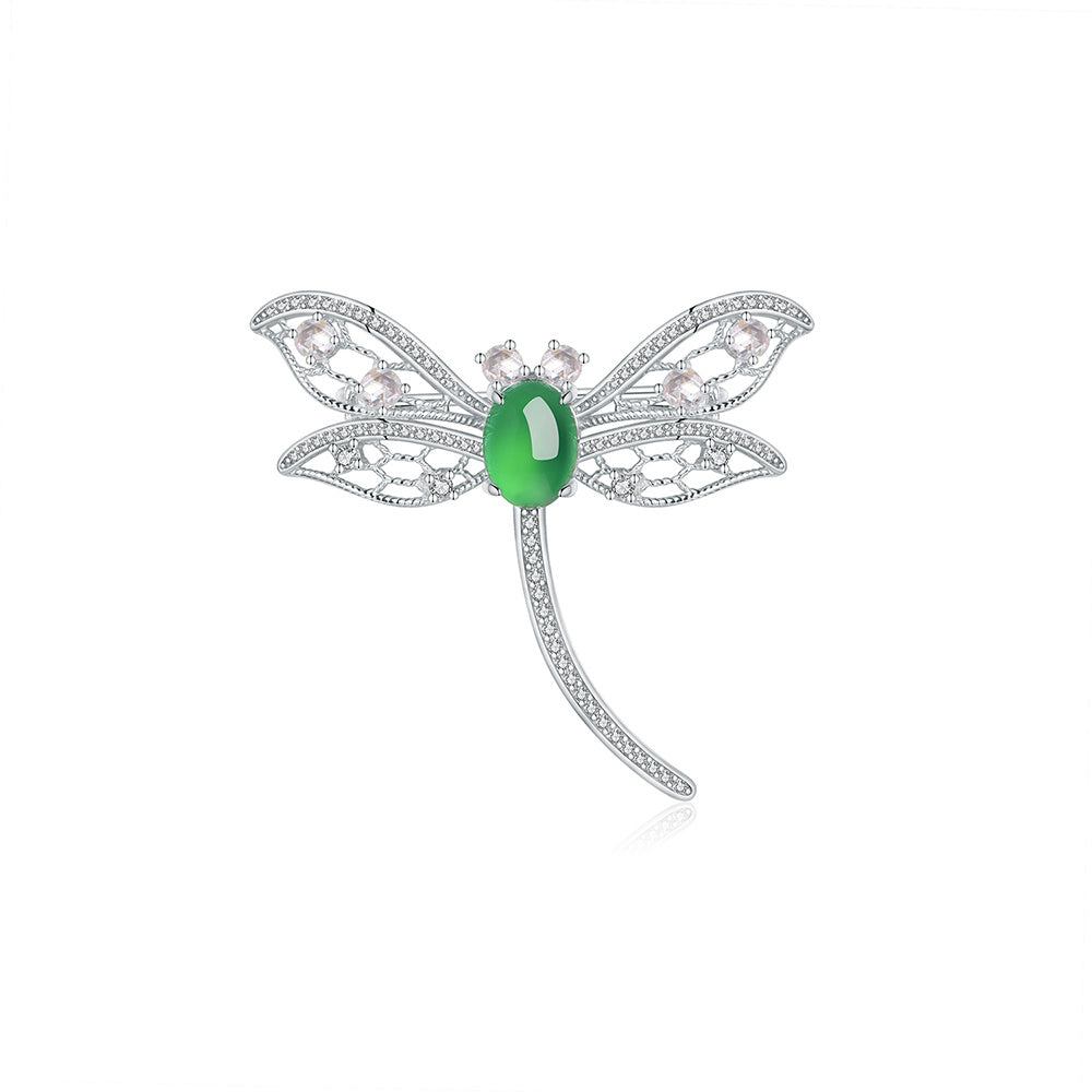 Sterling silver dragonfly brooch with green chrysoprase cabochon