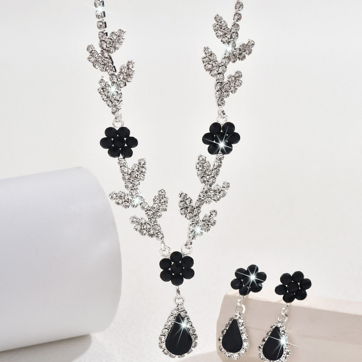 Teardrop and Flower Necklace and Earrings Set — detail close-up