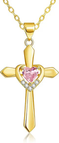 Gold-Tone Birthstone Heart Cross Necklace