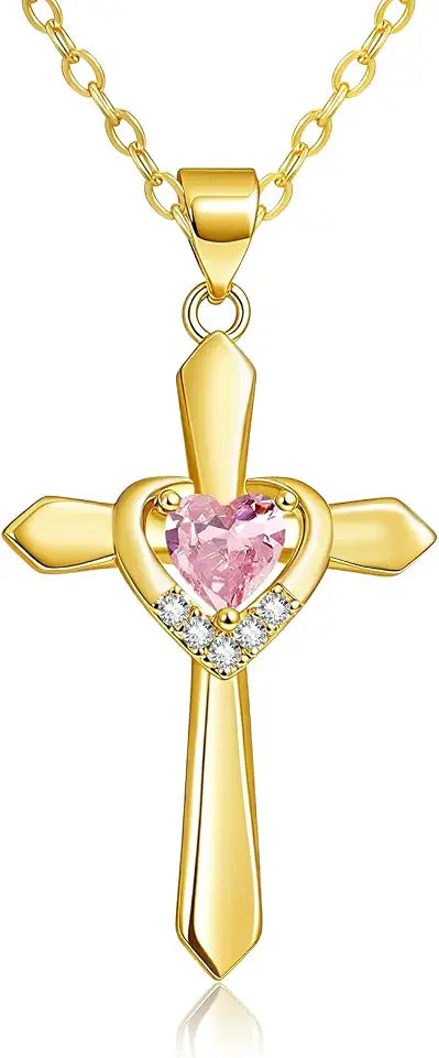 Gold-Tone Birthstone Heart Cross Necklace