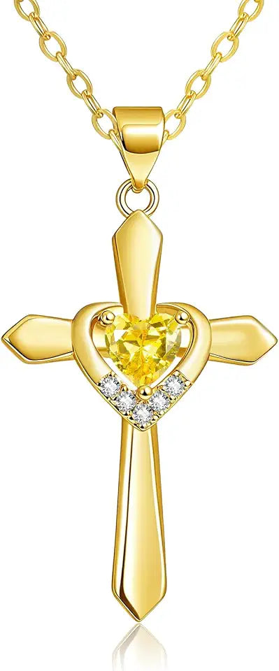 Gold-Tone Birthstone Heart Cross Necklace