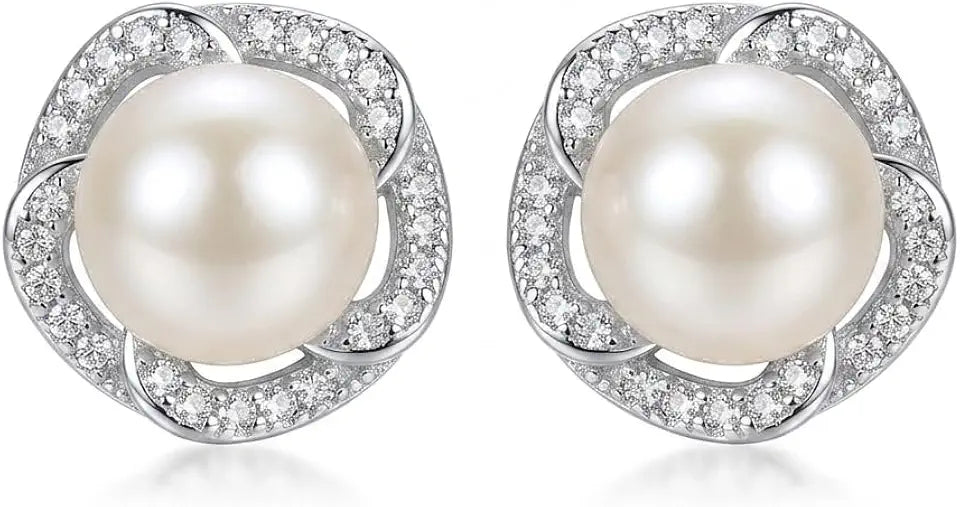 Sterling Silver Freshwater Pearl Stud Floral Earrings