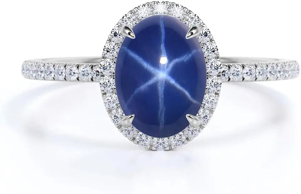 Gold-Tone Oval Sapphire Halo Star Engagement Ring