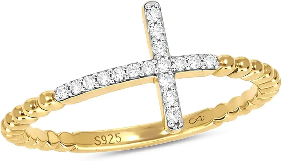 14K Yellow Gold-Plated Sterling Silver Round Cross Ring
