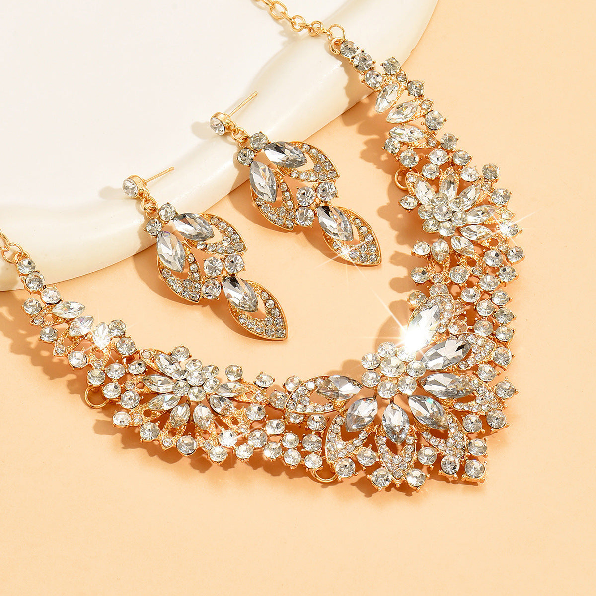Stone-Set Flower Necklace and Earrings Bridal Set – Statement Wedding Jewelry
