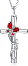 White Gold-Plated Sterling Silver Birthstone Cross Butterfly Necklace