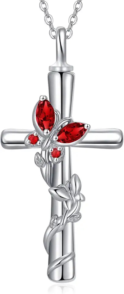 White Gold-Plated Sterling Silver Birthstone Cross Butterfly Necklace
