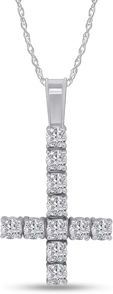 Gold-Tone Sterling Silver Round Moissanite Cross Rope Necklace