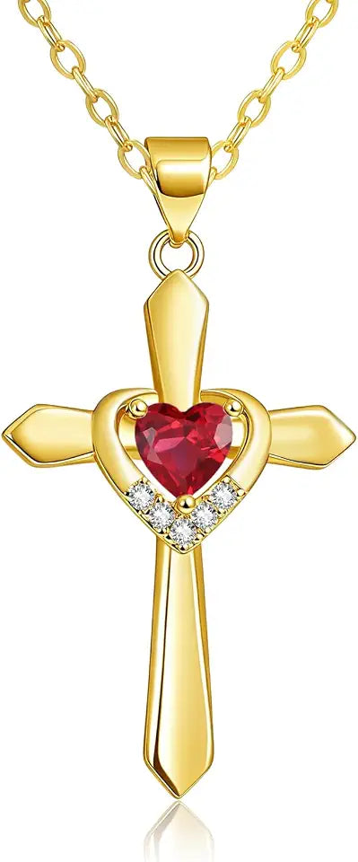 Gold-Tone Birthstone Heart Cross Necklace