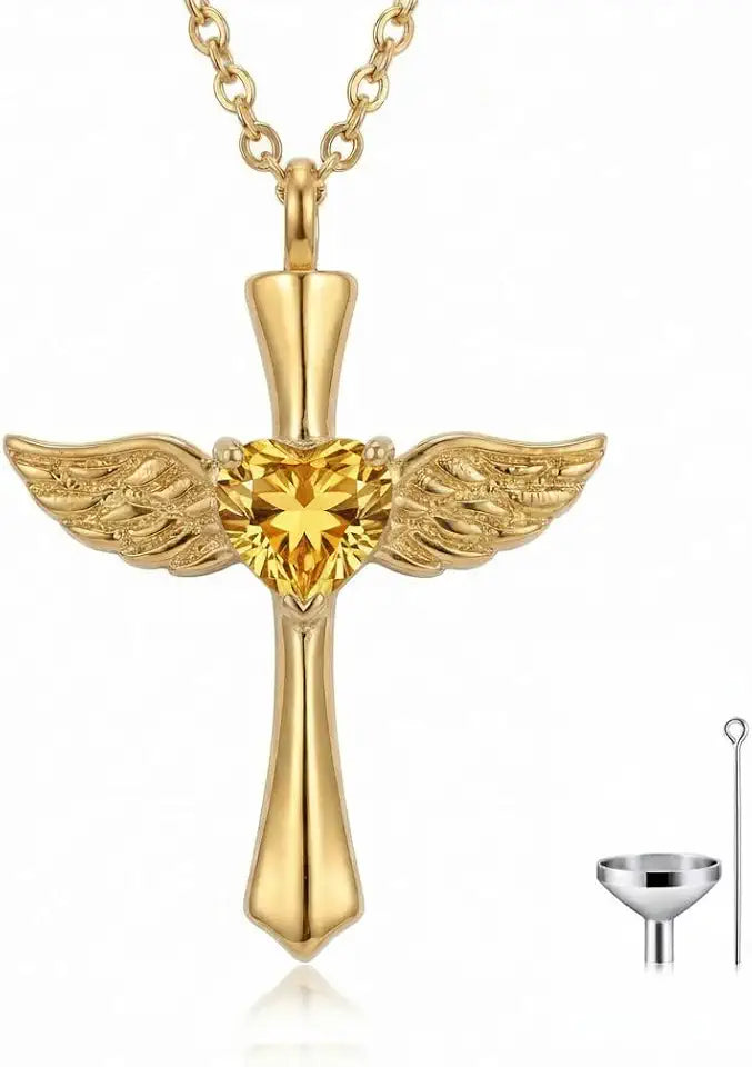 Gold-Tone Birthstone Cross Memorial Necklace