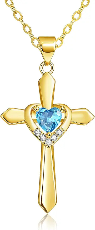 Gold-Tone Birthstone Heart Cross Necklace
