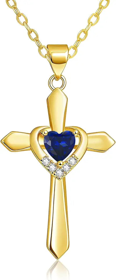 Gold-Tone Birthstone Heart Cross Necklace