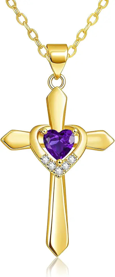Gold-Tone Birthstone Heart Cross Necklace