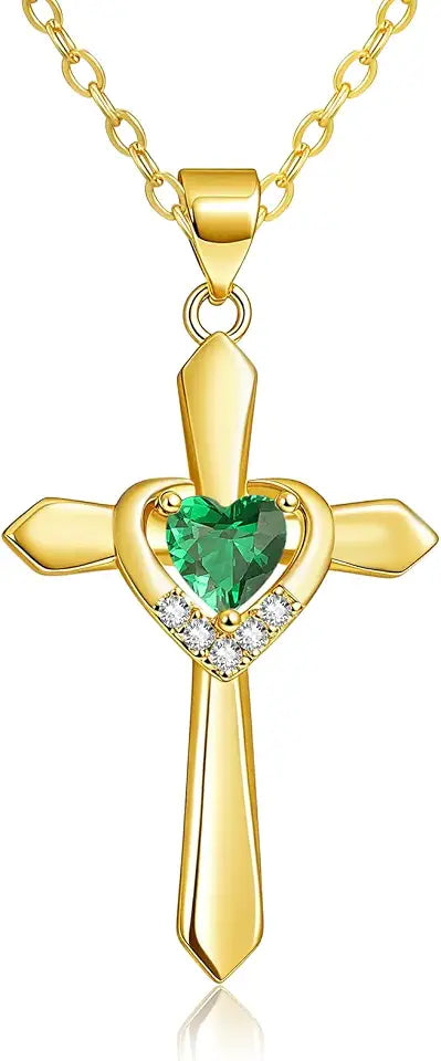 Gold-Tone Birthstone Heart Cross Necklace