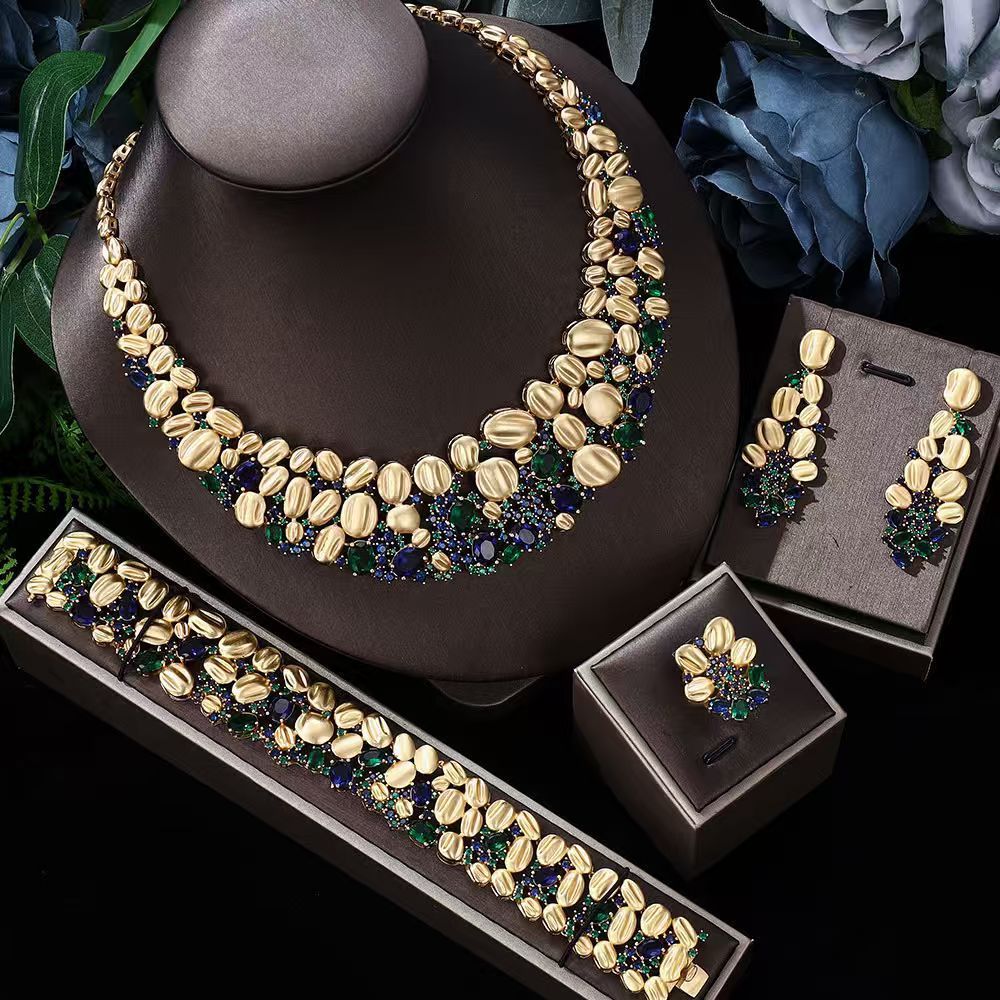 Oversized Necklace and Earrings Wedding Set in Pastel, Sapphire Blue Green or Olive Purple — finish detail
