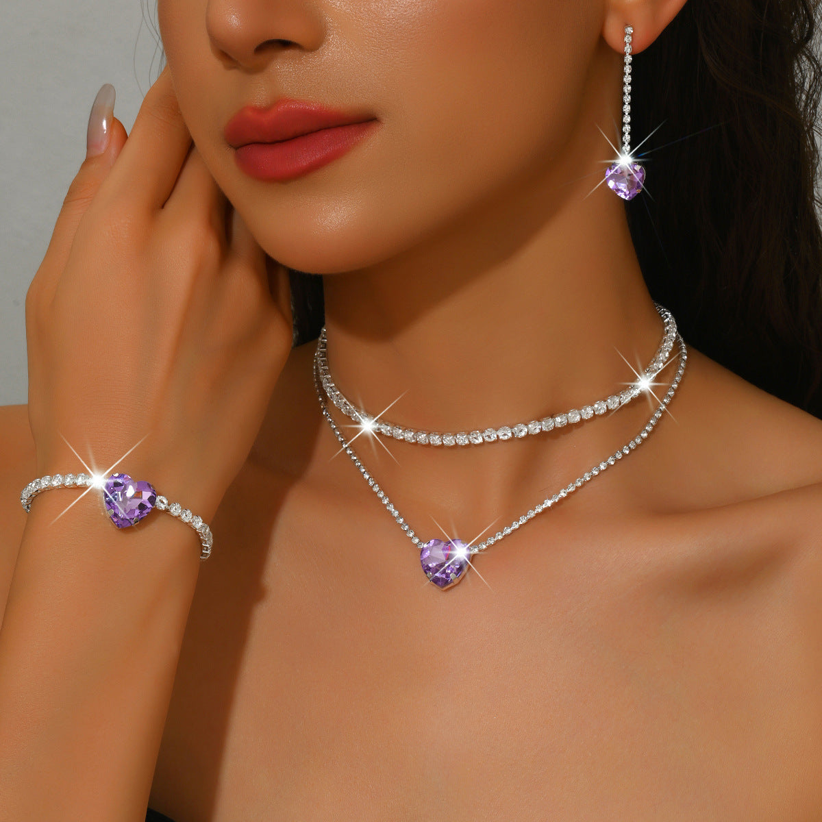 Heart Rhinestone 3-Piece Jewelry Set for Women – Double-Layer Claw Chain