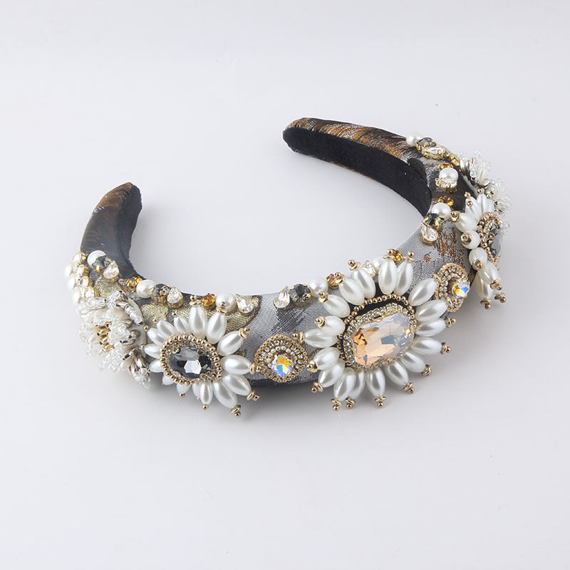 Grey baroque padded headband with faux pearls and rhinestones