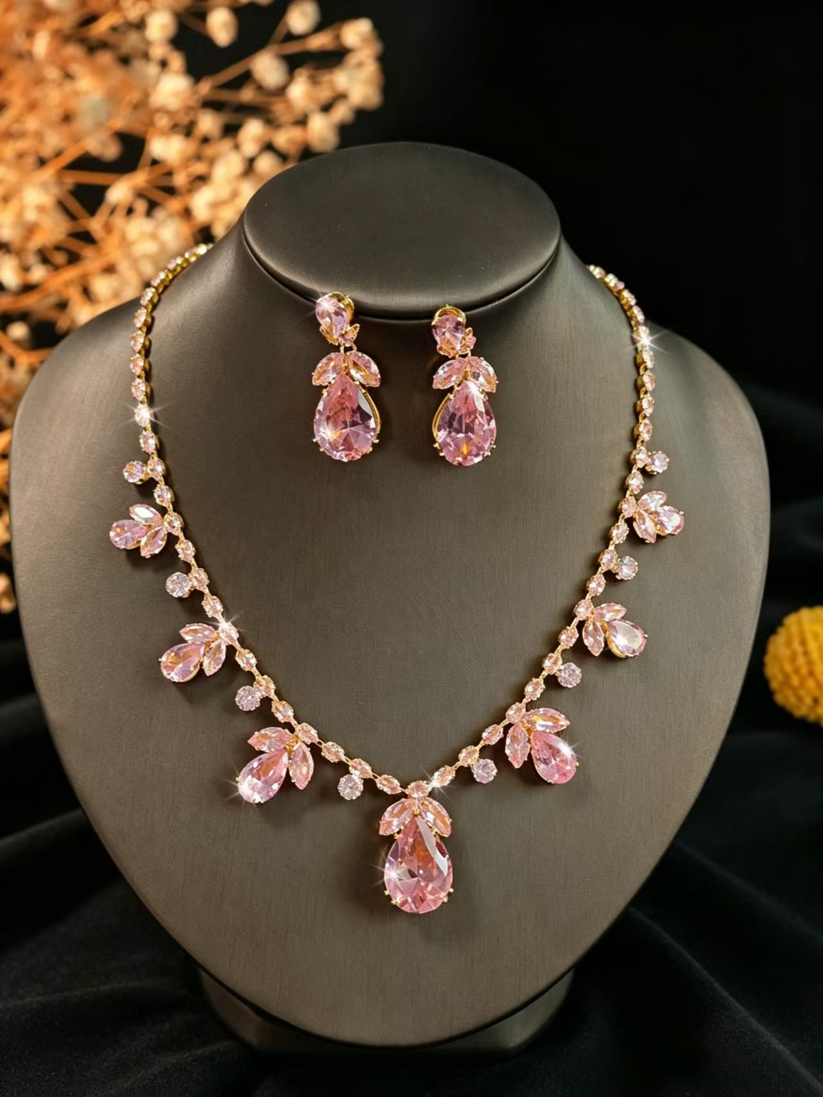 Cubic Zirconia Leaf Bridal Set in Ten Styles — Teardrop Necklace and Drop Earrings, Silver or Gold Tone