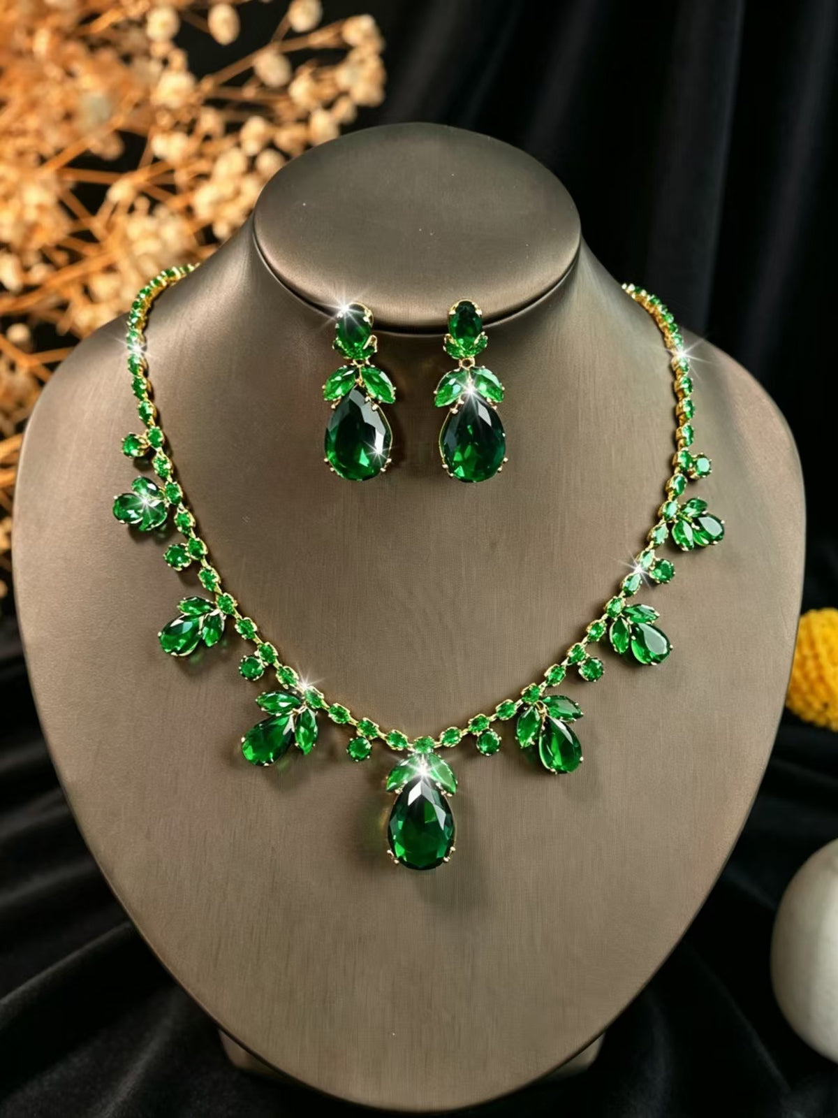 Cubic Zirconia Leaf Bridal Set in Ten Styles — Teardrop Necklace and Drop Earrings, Silver or Gold Tone