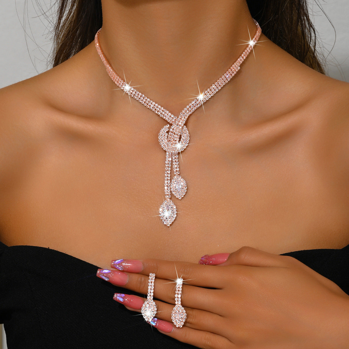 Geometric Teardrop Zircon Necklace and Earrings Set for Women