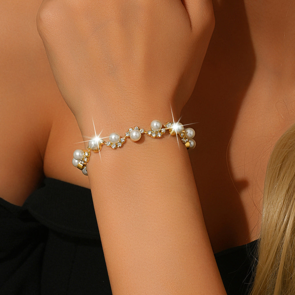 Pearl and Rhinestone Bracelet for Women, Silver Gold or Rose Gold-Tone — finish detail