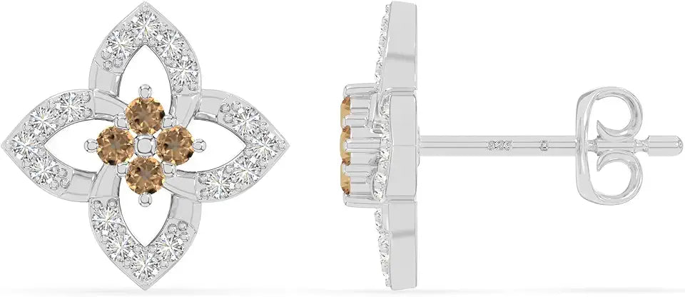 Gold-Tone Moissanite Stud Floral Earrings with Birthstone