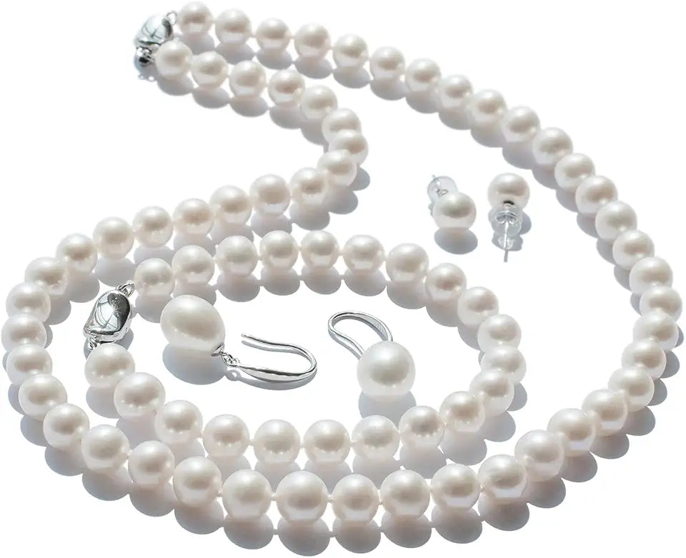 Round Freshwater Pearl Stud Drop Jewelry Set