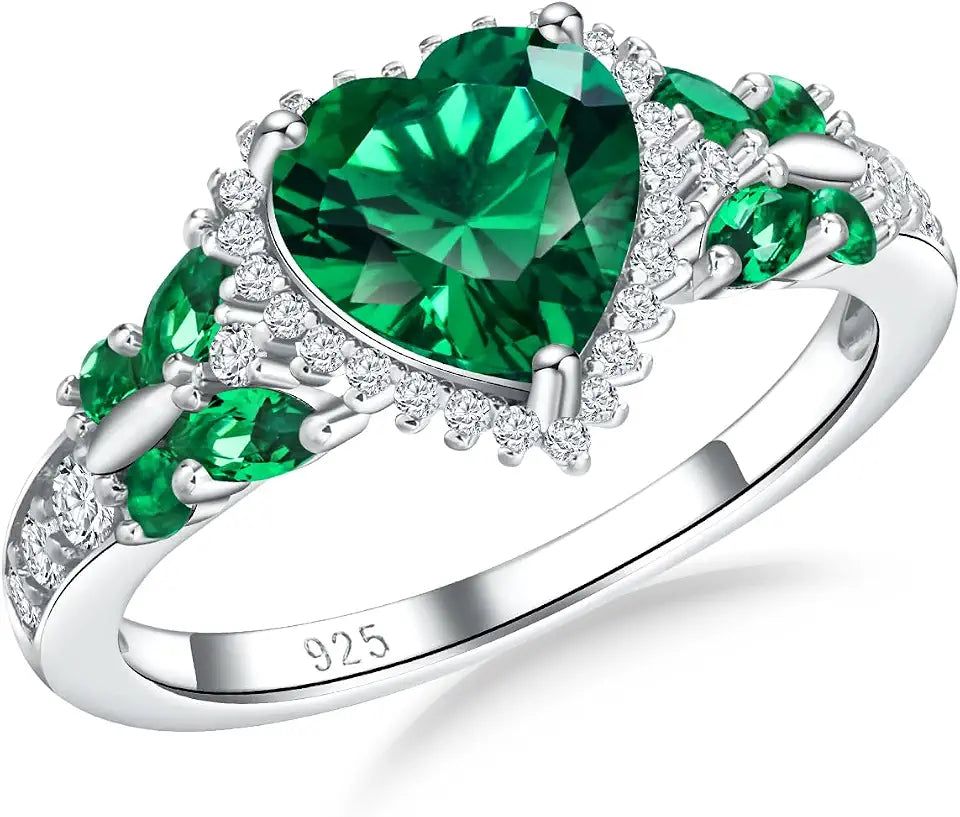 14K White Gold-Plated Sterling Silver Emerald Heart Engagement Ring