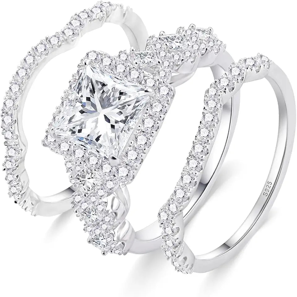 18K White Gold-Plated Sterling Silver Moissanite Halo Engagement Ring