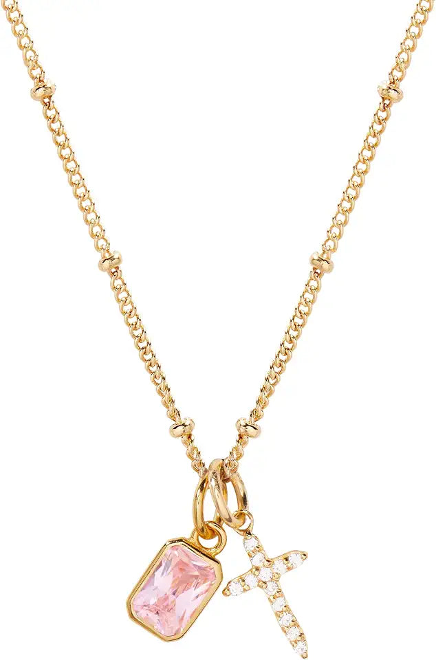 14K Gold-Plated Cubic Zirconia Cross Necklace with Birthstone