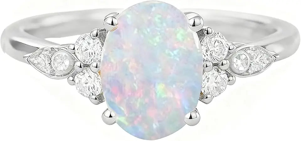 Sterling Silver Oval Moissanite Engagement Ring with Birthstone