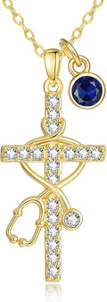Gold-Tone Birthstone Cross Stethoscope Necklace