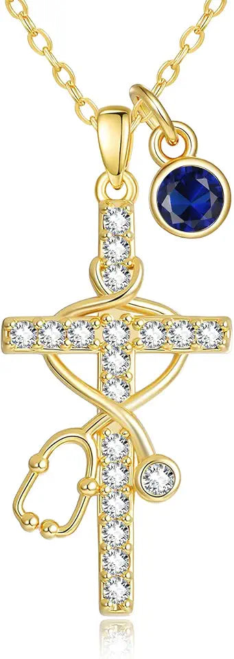 Gold-Tone Birthstone Cross Stethoscope Necklace