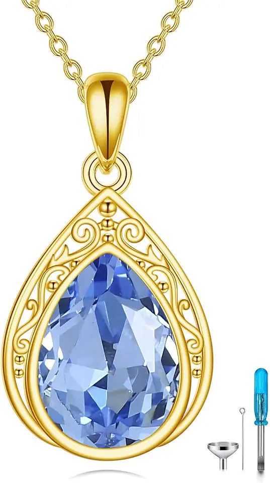 Gold-Tone Teardrop Crystal Memorial Necklace with Birthstone