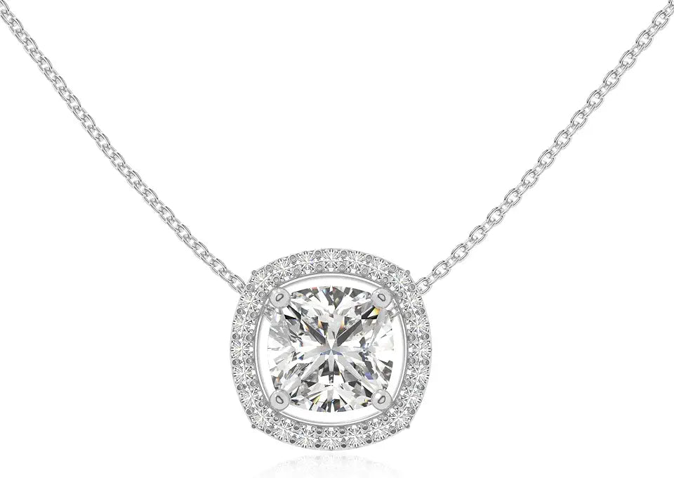 Gold-Tone Moissanite Halo Solitaire Necklace with Birthstone