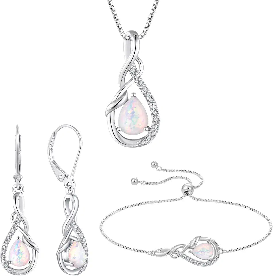 Sterling Silver Teardrop Opal Infinity Jewelry Set with Birthstone
